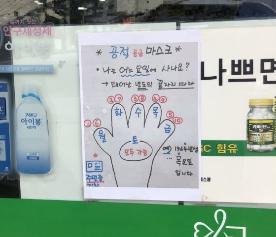 13일 오후 서울 성북구의 한 약국에 붙은 마스크 공적판매 안내 문구. /사진=강민수 기자