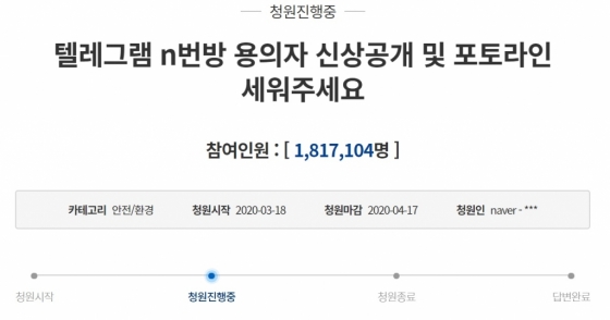 22일 오후 2시 40분 기준 '텔레그램 n번방 용의자 신상공개 및 포토라인을 세우라'는 청원 동의자가 180만명을 넘어섰다. /사진=청와대 국민청원 게시판