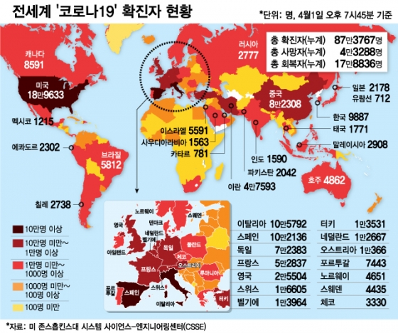 한눈에 보는 전세계 코로나19 현황…스페인 확진 10만명 돌파