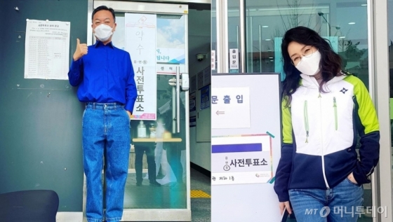 배우 김의성(왼쪽)·김정난이 10일 21대 총선 사전투표 참여 인증 사진을 올렸다. /사진=김의성·김정난 인스타그램