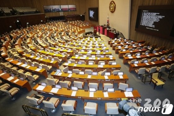 지난 3월 5일 오후 서울 여의도 국회에서 열린 제376회국회(임시회) 제8차 본회의에서 인터넷전문은행 설립 및 운영에 관한 특례법 일부개정법률안이 부결되자 미래통합당 의원들이 항의하며 본회의장을 나서고 있다. / 사진제공=뉴스1