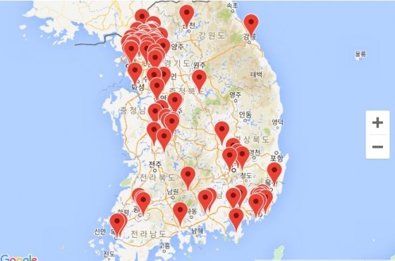 스쿨미투가 발생한, 전국 100개교 지도./사진=정치하는엄마들 홈페이지