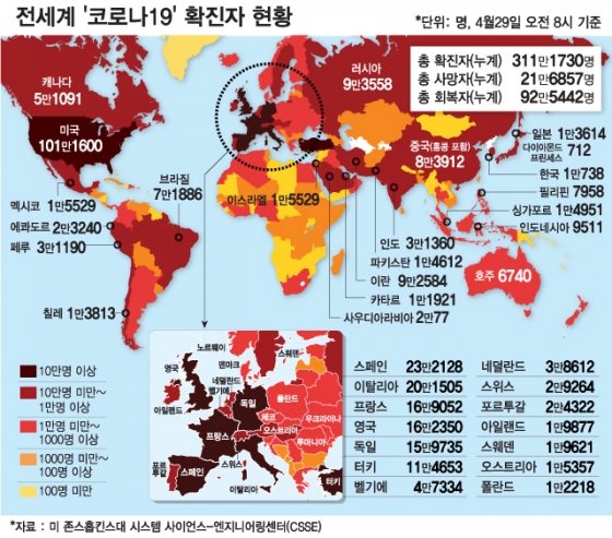 전세계 코로나19 현황…봉쇄 풀린 美 하루새 2.5만명↑