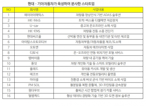 현대차그룹이 육성해 분사한 스타트업. /자료제공=현대차그룹