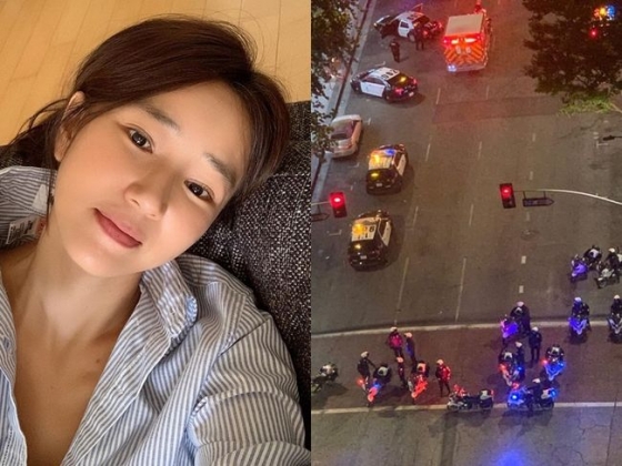 사진 왼쪽부터 가수 겸 배우 윤현숙, 윤현숙이 공개한 시위대와 경찰이 대치하는 미국 현지 상황./사진=윤현숙 인스타그램 캡처