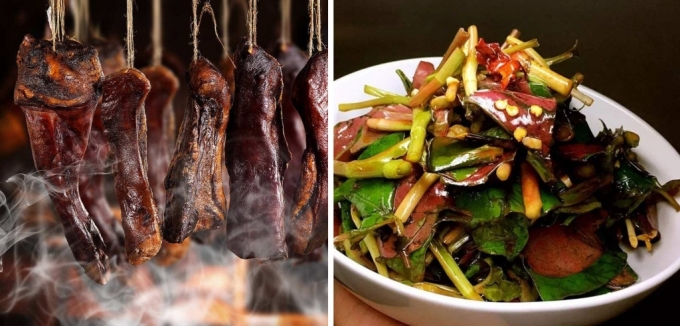 오랜 시간 말리는 고기요리 '라로우(왼쪽)'과 어성초 무침(오른쪽) / 사진 = 바이두