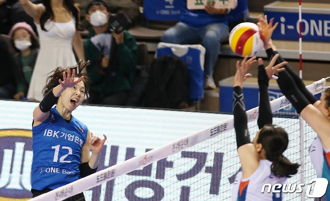 5일 경기 화성실내체육관에서 열린 도드람 2019-2020 V리그 기업은행과 GS칼텍스의 경기에서 기업은행 백목화가 스파이크 공격을 하고 있다.(기업은행 배구단 제공)2020.2.5/뉴스1