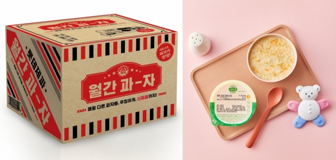 롯데제과 과자 정기 구독 서비스 '월간과자'(왼쪽), 남양유업 이유식 정기 배송 서비스 '케어비' 제품 /사진제공=롯데제과, 남양유업