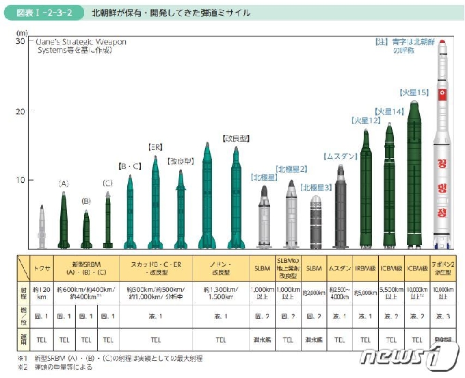2020년판 일본 방위백서에 실린 '북한이 보유·개발해온 탄도미사일' 도표 (일본 방위성) © 뉴스1