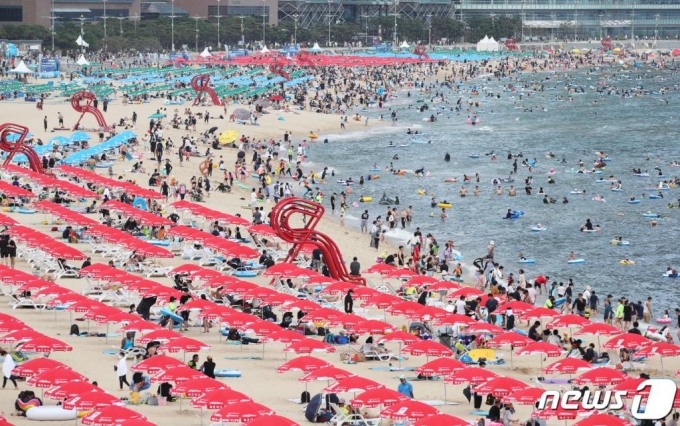 1일 오후 부산 해운대해수욕장을 찾은 관광객들이 물놀이로 더위를 식히고 있다. 이날 부산은 폭염경보가 내려졌다. /사진=뉴스1