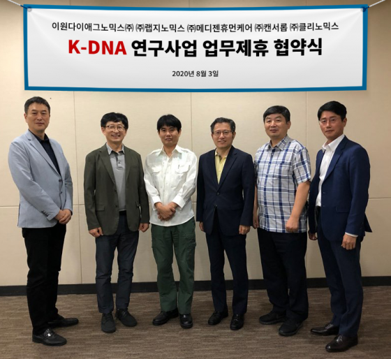 (왼쪽부터) 랩지노믹스 진승현 대표, 캔서롭 황도순 대표, 클리노믹스 박종화 공동대표, EDGC 신상철 대표, 클리노믹스 김병철 공동대표, 메디젠휴먼케어 신동직 대표/사진제공=EDGC