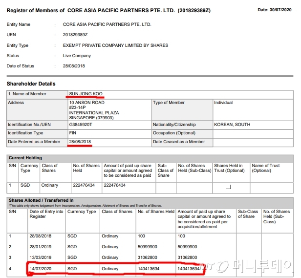 본지가 입수한 선종구 전 하이마트 회장의 싱가포르 자회사 자금송금 현황 /사진= 문서 캡쳐본