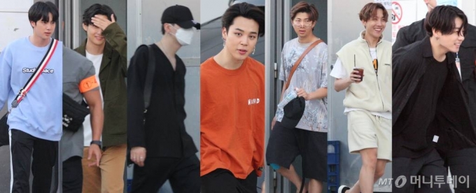 그룹 방탄소년단 RM, 진, 슈가, 제이홉, 지민, 뷔, 정국이 14일 인천광역시 중구 운서동 파라다이스시티에서 진행된 온라인 라이브 콘서트 `방방콘 더 라이브` 공연을 마치고 나오고 있다. / 사진=임성균 기자 tjdrbs23@