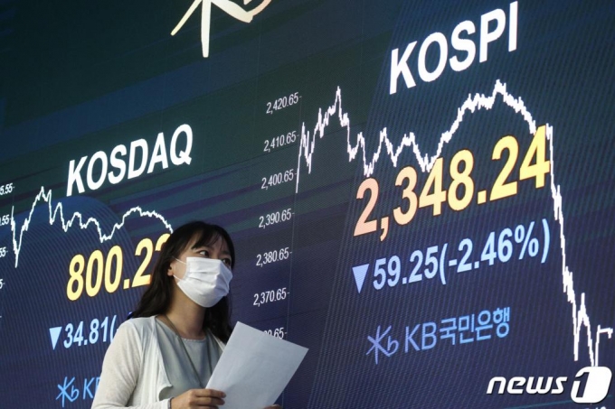18일 오후 서울 영등포구 KB국민은행 여의도지점 스마트딜링룸에서 직원이 업무를 보고 있다. 이날 코스피는 전거래일 대비 59.25포인트(-2.46%) 내린 2348.24로, 코스닥은 34.81포인트(-4.17%) 내린 800.22로 장을 마감했다. /사진=뉴스1