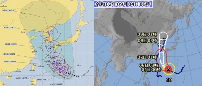 미국과 일본에서 예측한 제10호 태풍 '하이선' 예상 경로./사진=미국 태풍합동경보센터 홈페이지(왼쪽), 일본 기상청 홈페이지