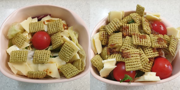 첵스파맛을 넣은 샐러드. 맛있어서 두 그릇 먹었다. 두 번째 그릇에는 첵스파맛 양을 늘렸다. /사진=이영민 기자