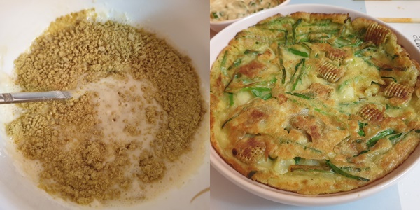 첵스파맛을 빻은 가루를 부침가루 반죽에 넣은 모습(왼쪽), 완성된 첵스파맛 파전 /사진=이영민 기자