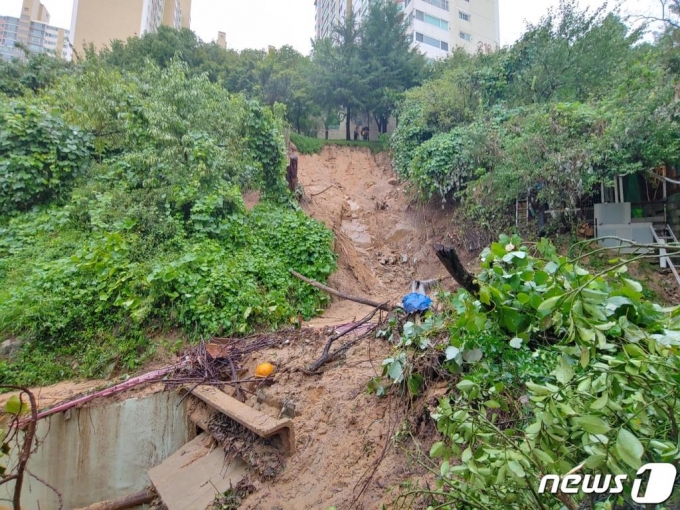 제10호 태풍 하이선이 쏟아낸 폭우로 부산진구 개금동 한 주택 인근에 토사가 떠내려왔다. 이 토사로 주택에 고립된 A씨(68)가 소방당국에 의해 구조됐다. (부산소방재난본부 제공) /사진=뉴스1