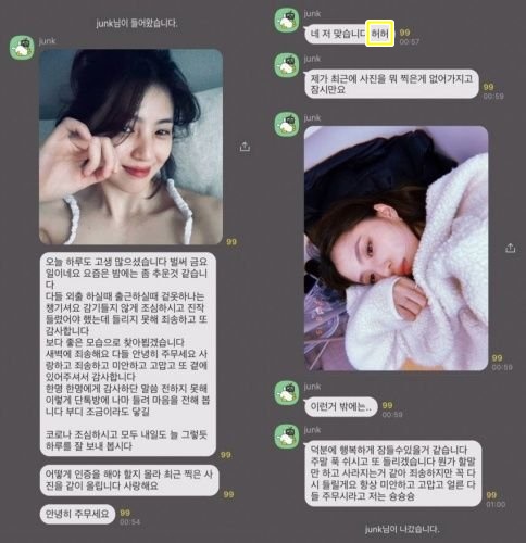 배우 한소희가 'junk'라는 닉네임으로 팬들과 대화를 나누는 모습./사진=카카오톡 '고독한 한소희방' 캡처