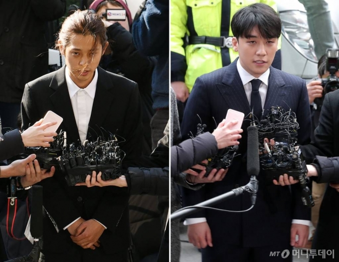 '불법 촬영물'(몰카) 유포 혐의와 성매매 알선 혐의로 각각 피의자 신분으로 가수 정준영과 아이돌 그룹 빅뱅 출신 전직 가수 승리(29·본명 이승현)가 결찰에 출석하고 있다. / 사진=김창현 기자