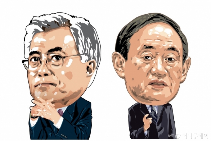 문재인 대통령과 스가 요시히데 일본총리 /삽화=임종철 디자인기자