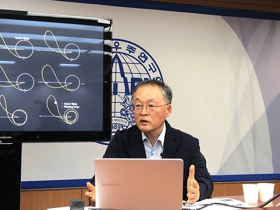 한국항공우주연구원(이하 항우연) 이상률 달탐사사업단장이 온라인 생중계를 통해 '시험용 달 궤도선 개발 현황'을 설명하고 있다/사진=항우연