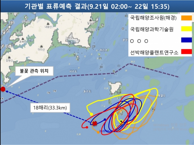 전문기관이 조사한 실종 공무원 A씨의 예상 표류경로와 발견지점. 해경은 표류예상지역과 A씨 발견지점이 33㎞ 가량 떨어졌다는 점을 자진월북의 근거로 들었다. /사진=해양경찰청