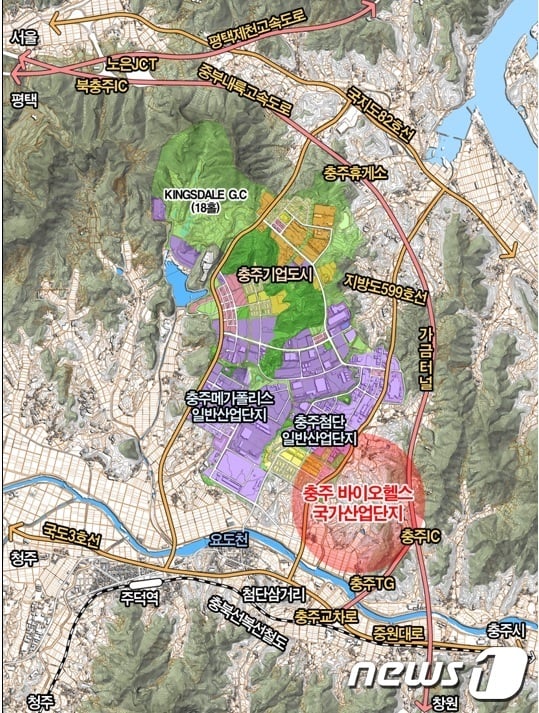 30일 충북 충주시가 바이오헬스 국가산업단지 기업 유치를 위해 이노비즈협회 여성기업인 50여명을 대상으로 팸투어를 했다고 밝혔다. 사진은 산단 위치도. 2020.10.30(뉴스1 DB)/뉴스1