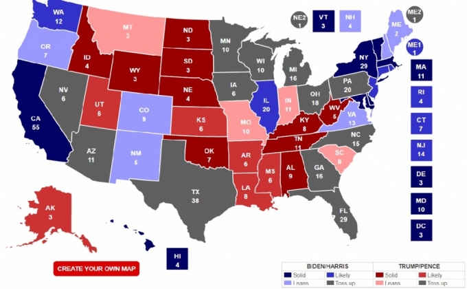 미국 정치전문매체 리얼클리어폴리틱스(RCP)가 예상한 2020년 미 대선에서의 후보별 주 선거인단 확보 결과 (11월1일 기준) / 사진 캡처=RCP 홈페이지
