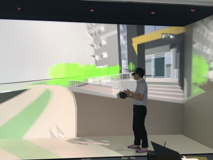 한국건설기술연구원으로부터 기술이전받은 VR BIM 다면 케이브/사진제공=스페이스에이디