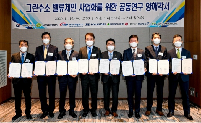 왼쪽부터 김우섭 수소에너젠 대표, 박찬우 현대엔지니어링 인프라산업개발본부장, 김병숙 한국서부발전 사장, 강팔문 새만금개발공사 사장, 양충모 새만금개발청장, 허재철 LG전자 한국영업본부 B2B그룹장, 오재혁 현대자동차 에너지신사업추진실장, 송영선 현대차증권IB본부장/사진=현대차그룹
