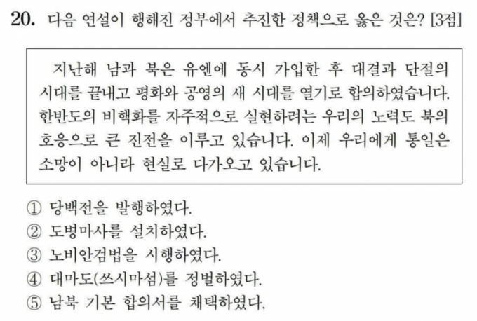 '2021학년도 대학수학능력시험' 한국사 영역 20번 문제./사진=한국교육과정평가원
