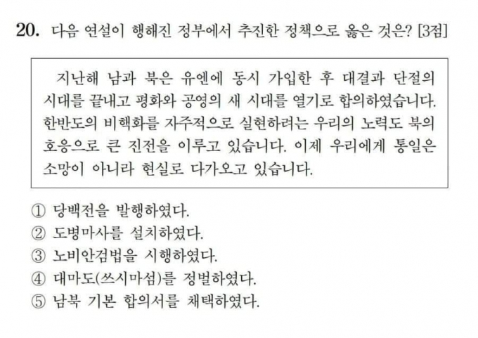 /사진=수능 한국사 20번 문항