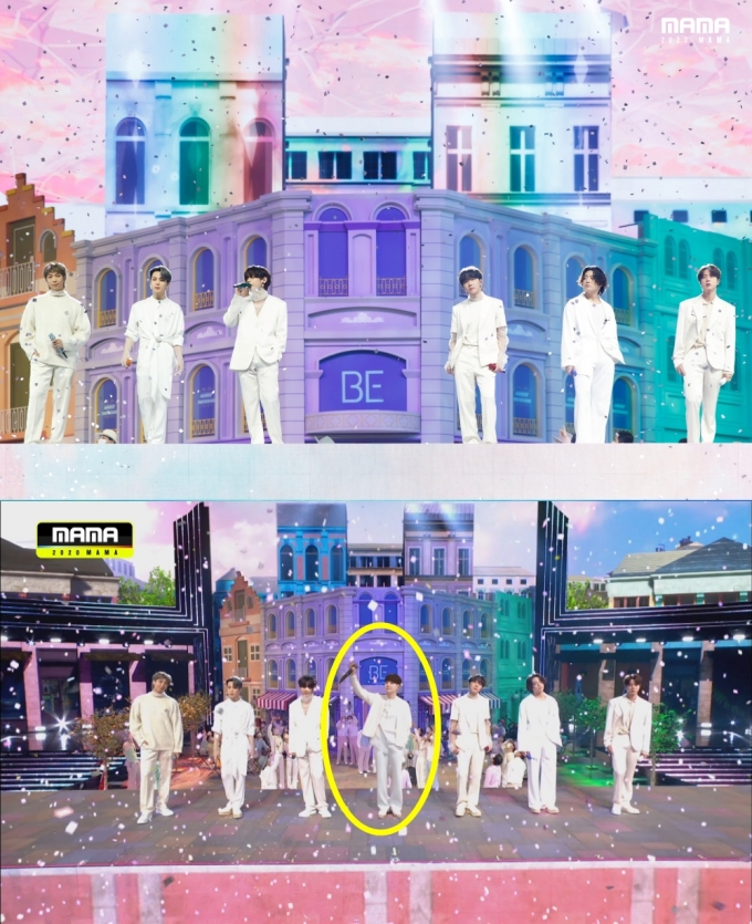 지난 6일 열린 MAMA(엠넷아시안뮤직어워드)의 방탄소년단 '라이프 고즈 온(Life Goes On)' 무대의 실황 사진(위)과 볼류메트릭이 적용된 방송 송출 화면(아래). 노란 원 안의 인물이 볼류메트릭으로 구현된 방탄소년단 멤버 슈가의 영상이다. /사진제공=CJ E&M