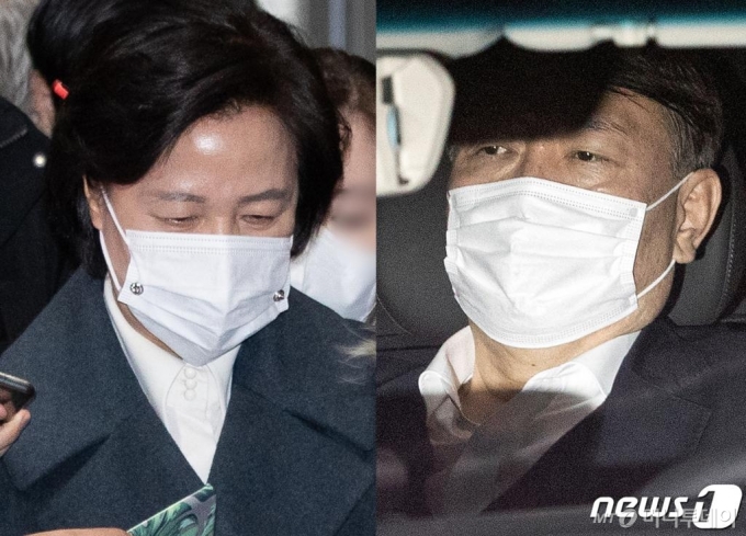 (서울=뉴스1) 이승배 기자,유승관 기자 = 윤석열 검찰총장에 대한 검사징계위원회 2차 심의가 열린 15일 과천 법무부에서 추미애 법무부 장관이 청사를 나서고 있다. 같은시간 윤석열 검찰총장이 서초구 대검찰청에서 차량을 타고 청사를 떠나고 있다. 2020.12.15/뉴스1