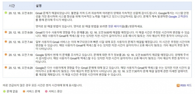 16일 구글 워크스페이스 상표 보드에 표시된 지메일 장애보고/사진제공=구글