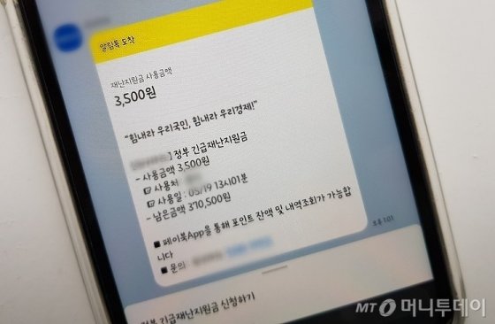 재난지원금 사용 후 카카오톡으로 받은 사용 내역, 잔액(포인트) 등의 정보.