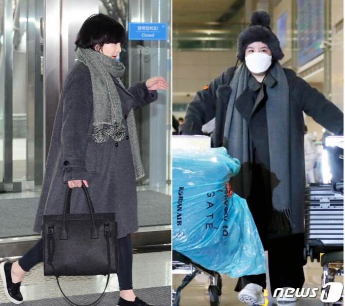 (인천공항=뉴스1) 권현진 기자 = 에이미는 지난 2015년 12월 말 강제 출국한 날 입었던 코트와 같은 의상을 입고 나와 눈길을 끌었다. 오른쪽이 이날 입국한 에이미의 모습.