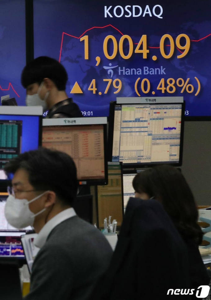 코스닥 지수가 장중 1000포인트를 돌파한 26일 오전 서울 중구 명동 하나은행 딜링룸 전광판에 전일 대비 4.79포인트(0.48%) 상승한 1004.09 포인트를 나타내고 있다. /사진=뉴스1