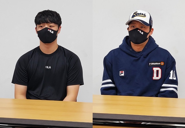 두산 베어스 투수 박치국(왼쪽)과 포수 박세혁. /사진=김동영 기자