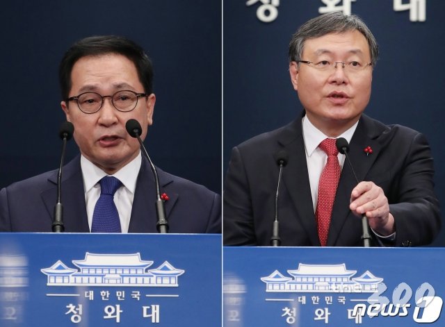 (서울=뉴스1) 박정호 기자 = 유영민 신임 대통령 비서실장(왼쪽 사진)과 신현수 신임 민정수석이 31일 오후 춘추관에서 인사와 관련한 소회를 밝히고 있다. 문재인 대통령은 이날 노영민 비서실장 후임으로 유영민 전 과학기술정보통신부 장관, 김종호 민정수석 후임에 신현수 전 국가정보원 기획조정실장을 임명했다. 2020.12.31/뉴스1