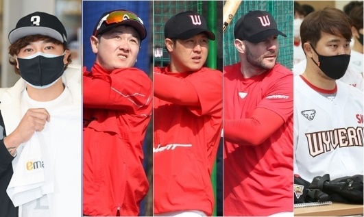 추신수(왼쪽부터), 최주환, 최정, 로맥, 한유섬. /사진=OSEN, SK 와이번스