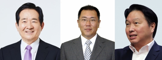 왼쪽부터 정세균 국무총리, 정의선 현대차그룹 회장, 최태원 SK그룹 회장