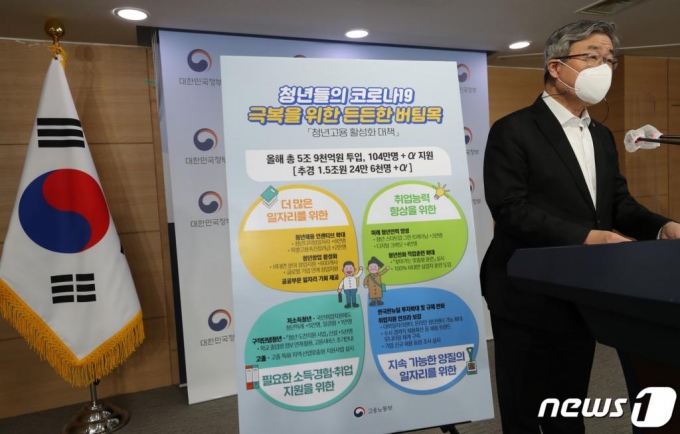 (서울=뉴스1) 오대일 기자 = 이재갑 고용노동부 장관이 3일 오전 서울 종로구 정부서울청사에서 코로나19 고용 쇼크를 겪는 청년과 여성의 일자리 창출 지원 방안이 담긴 '청년고용 활성화 대책'을 발표하고 있다. 작년 말 수립한 ‘청년정책 기본계획’등에 포함된 지원액 4조4,000억원에 더해 올해 1조 5천억원을 추가해 모두 5조 9천억원을 지원하기로 했다. 또 지원 대상도 지난해 79만4,000명+α)에서 24만 6천명(+α)을 더해 104만명(+α) 청년들에게 필요한 지원을 하기로 했다. 2021.3.3/뉴스1