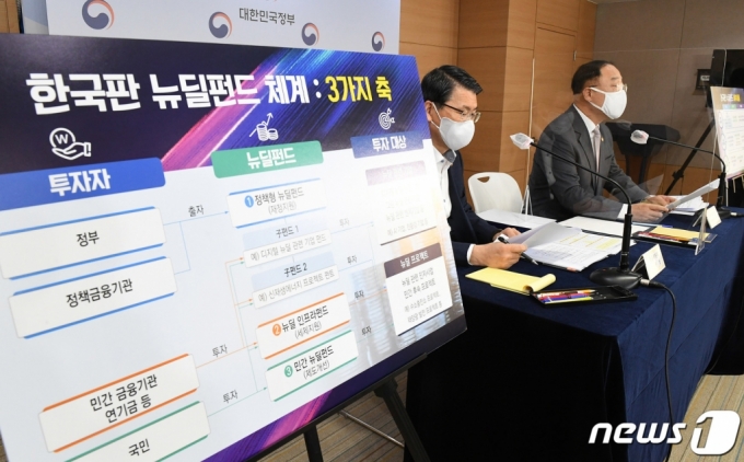 (서울=뉴스1) 이승배 기자 = 홍남기 경제부총리 겸 기획재정부 장관(오른쪽)이 3일 오후 서울 세종대로 정부서울청사에서 ‘한국판 뉴딜 금융지원 방안’을 발표하고 있다.  정부는 한국판 뉴딜의 추진동력 마련을 위해 앞으로 5년간 20조원 규모의 모자 펀드 조성, 이와 함께 뉴딜 기업의 특별 대출·보증을 위한 정책금융기관의 직접 투자, 민간금융회사의 투자 여건 개선 등을 통해 170조원+α 규모의 금융 지원도 추진해 나갈 예정이다. 2020.9.3/뉴스1  