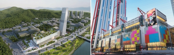 지난 2월 문을 연 '더현대서울'(오른쪽)의 모습과 오는 8월 오픈 예정인 '대전신세계 엑스포점 조감도. /사진제공=각 사