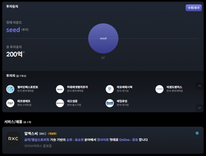 RXC 투자유치 현황 /사진=더브이씨(THE VC)