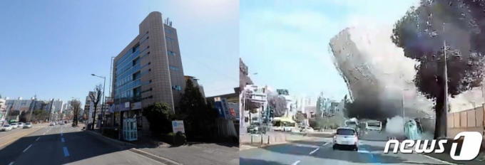 (광주=뉴스1) 박준배 기자 = 9일 오후 4시 22분쯤 광주 동구 학동 학4구역 재개발 현장에서 발생한 건물 붕괴 사건 관련 철거 전 모습과 무너지며 시내버스를 덮치는 순간 모습. (포털 다음 지도와 차량 블랙박스 동영상 캡처).2021.6.9/뉴스1
