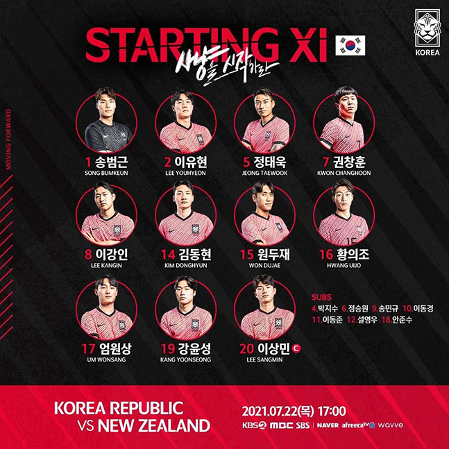 한국-뉴질랜드전 선발라인업. /사진=대한축구협회 SNS 캡처
