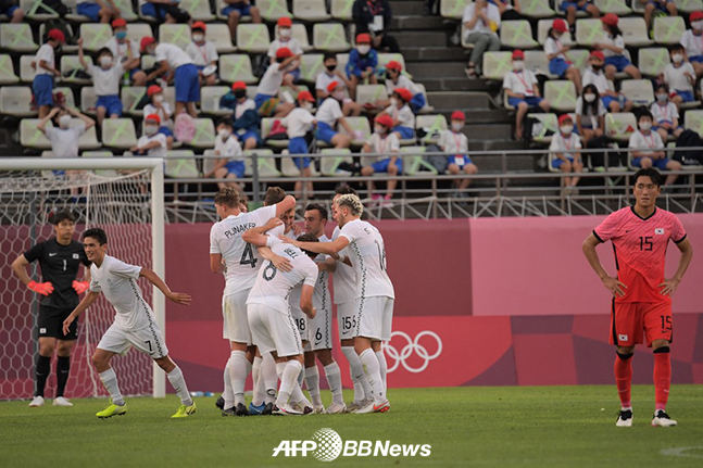 22일 일본 이바라키 가시마 스타디움에서 열린 뉴질랜드와 2020 도쿄올림픽 조별리그 1차전에서 크리스 우드에게 선제 실점을 허용한 순간. /AFPBBNews=뉴스1